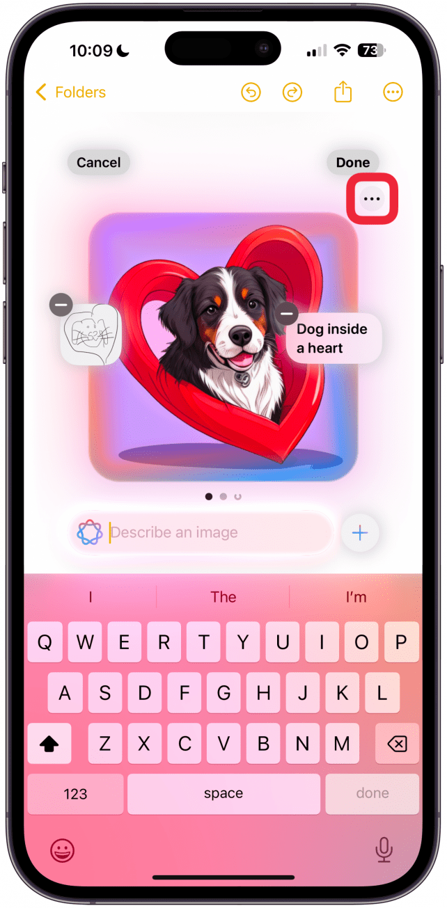 You will soon see a generated image. If you tap the More menu (three dots) you can Copy, Share, Save the Image, or Report a Concern.
