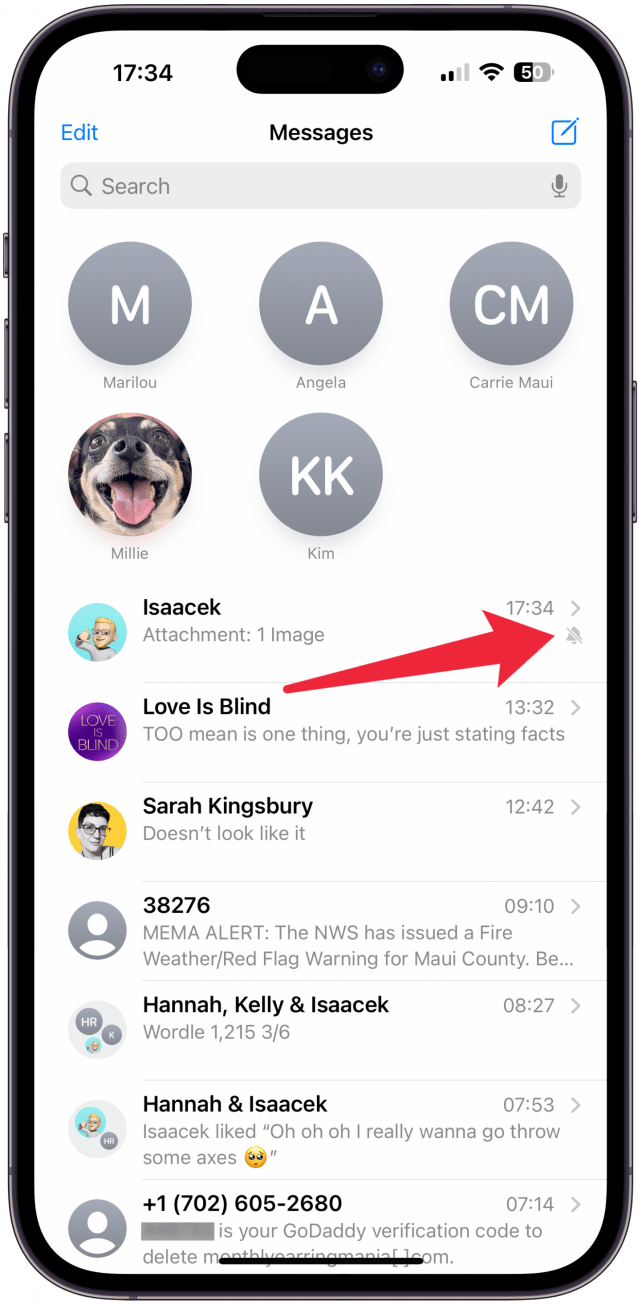 Now you'll see an alarm bell with a slash to the right of the thread in Messages.