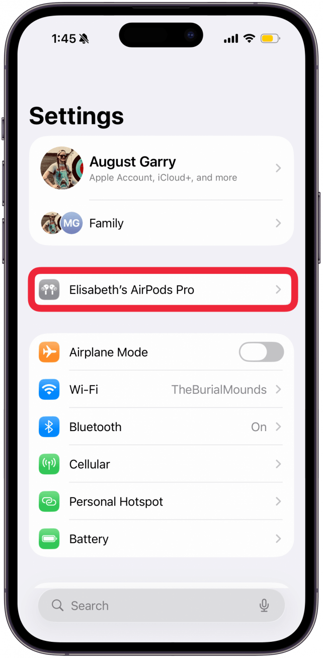 Open Settings and tap on (your name’s) AirPods Pro/AirPods.
