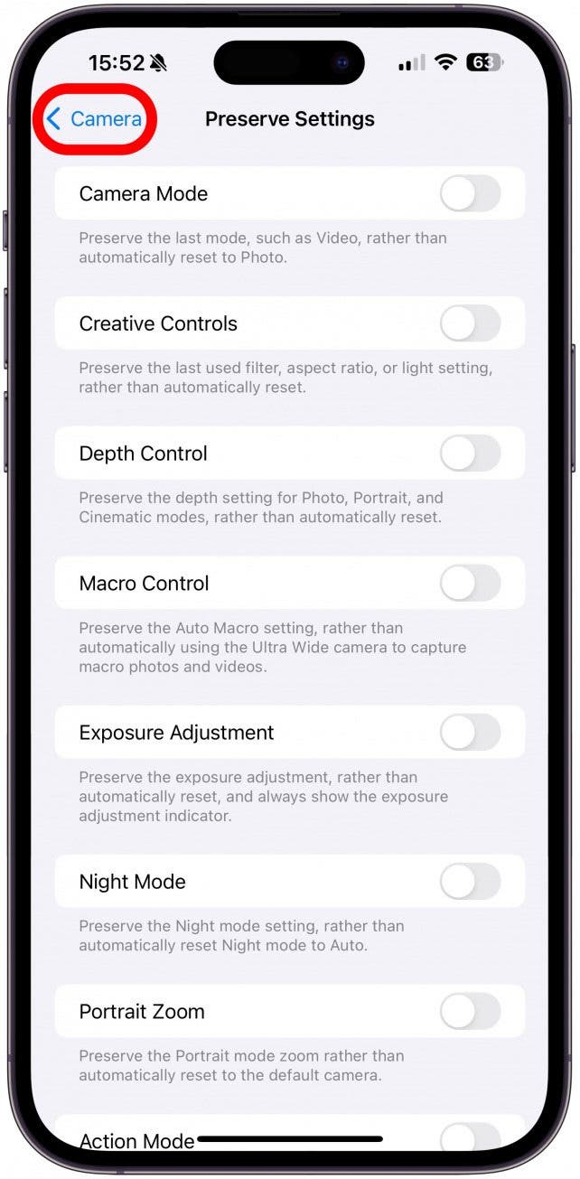 Tap Camera to return to the main Camera settings menu.