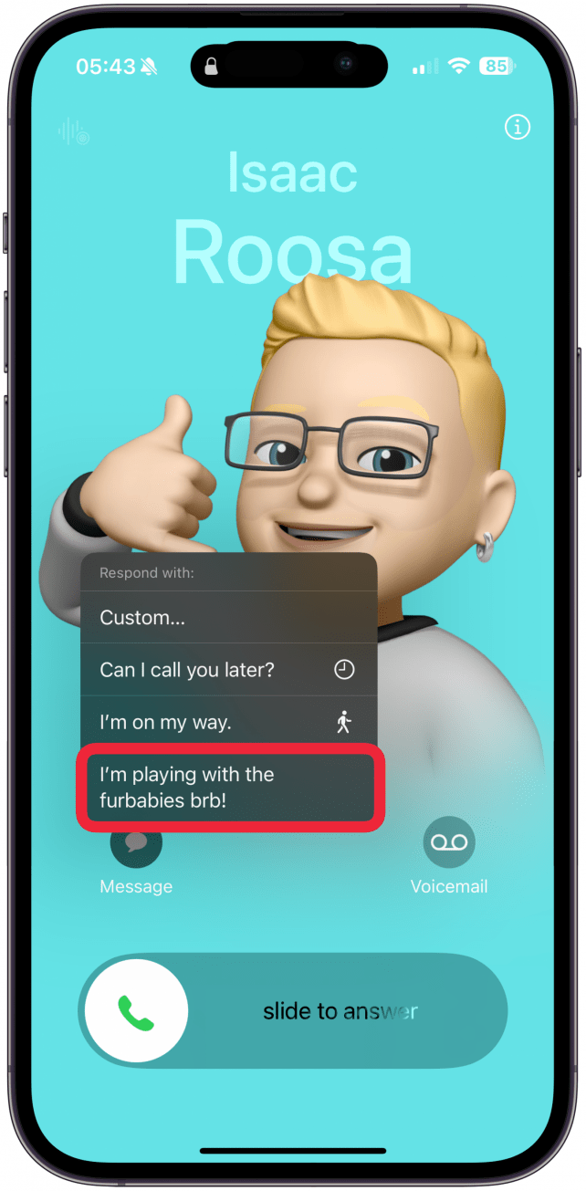 Now you can select from one of your custom text responses! It will automatically send that text to the caller when you tap it.