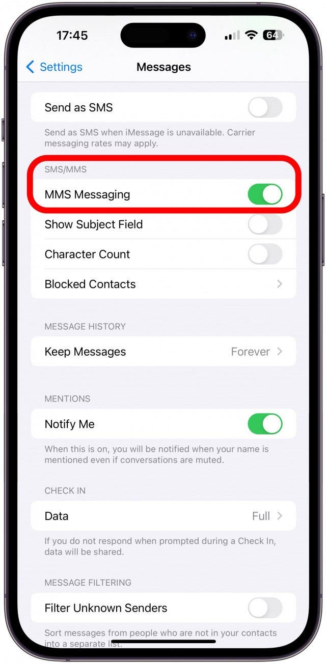 4. If you experience your iPhone not sending pictures to Android, enable MMS.