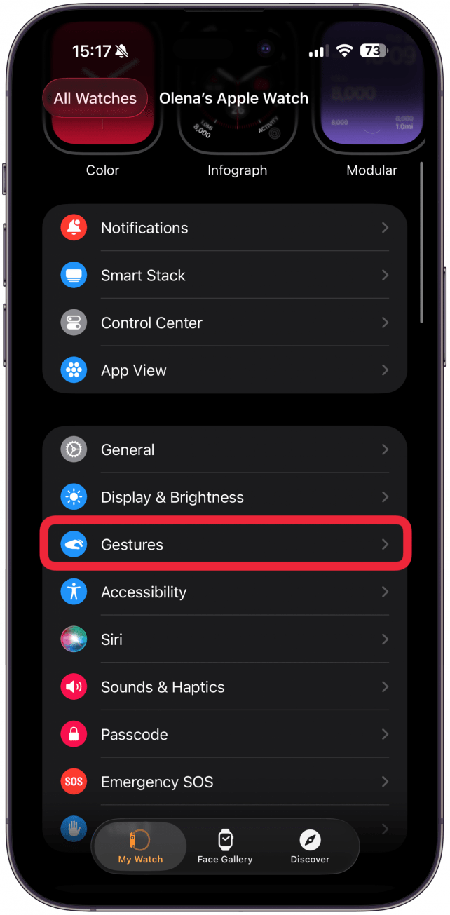 Navigate to the My Watch tab if you’re not already there. Tap Gestures.
