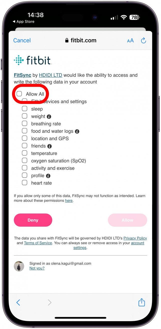 Check off all the information you want to import from Fitbit, I will selet Allow All.