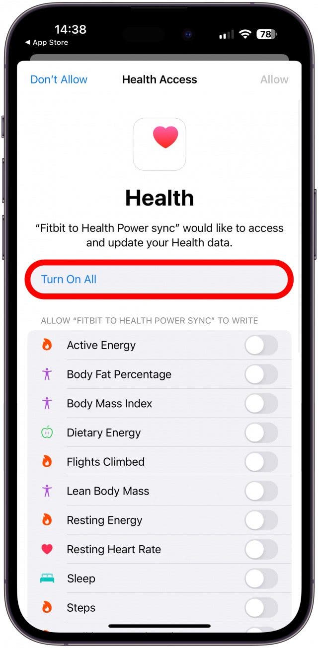 Here you can pick what information you with to share with the Fitbit via the Fitbit to Health Power sync app, I will Turn On All.