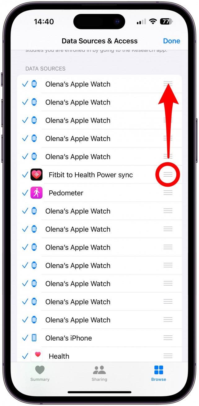 Long-press and drag the three-bar handle next to the sync app data source to move it to the top of the list.