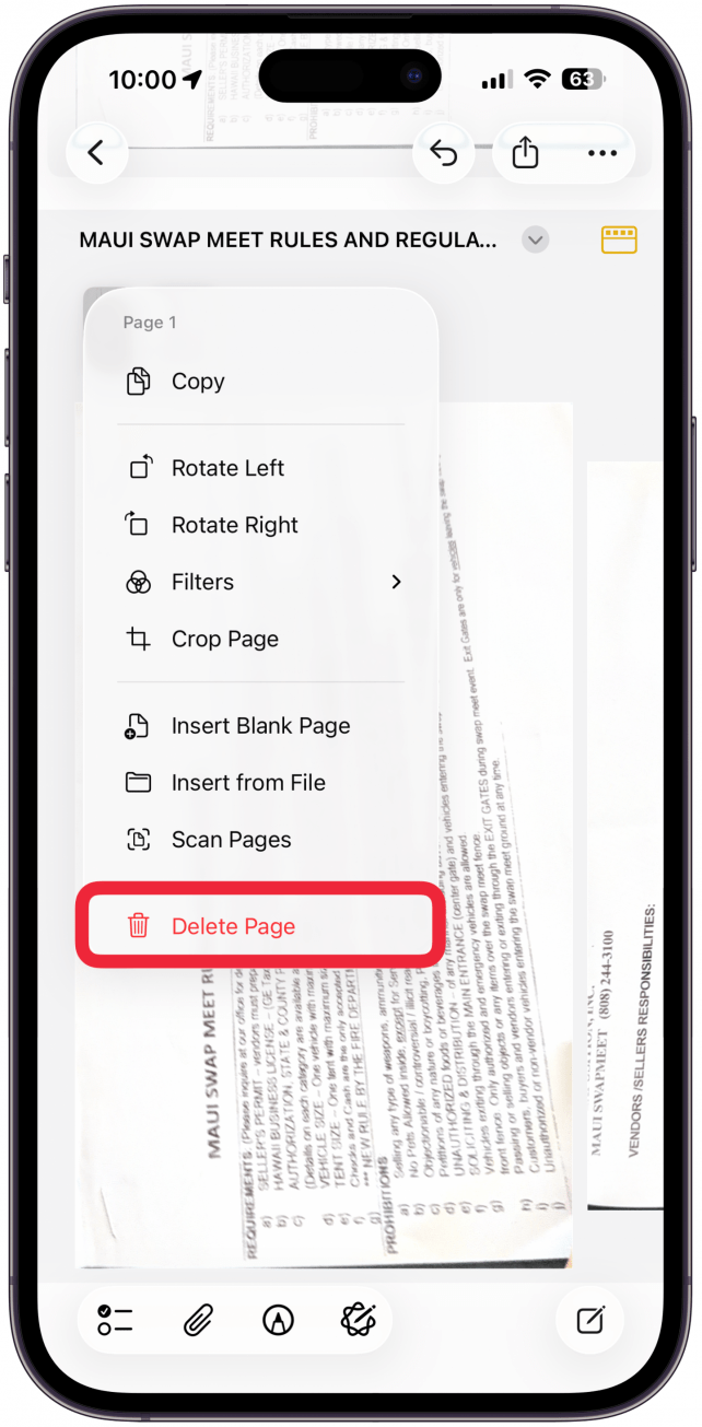 From the dropdown menu, tap Delete page.
