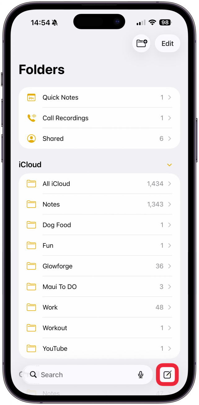 Create a new note or open an existing note.