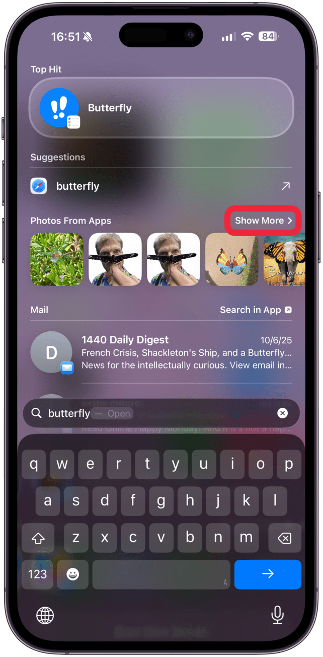 On the right you will be able to search for that term withing an app, sometimes if there are many app options, you will have to tap Show More first.