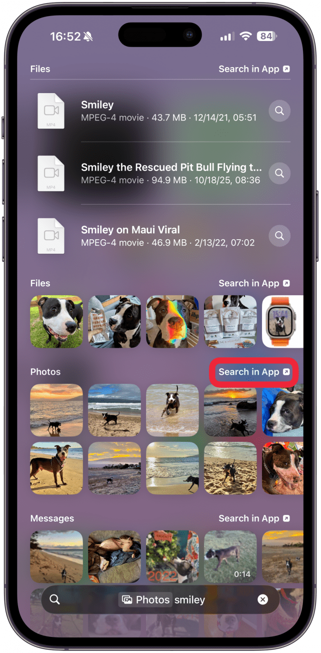 If you tap on an app, you will be taken to the search results within that app.