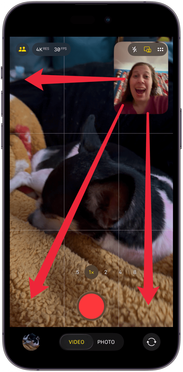 You should now see a smaller square showing what your front camera sees while the rest of the screen shows what your back camera sees.