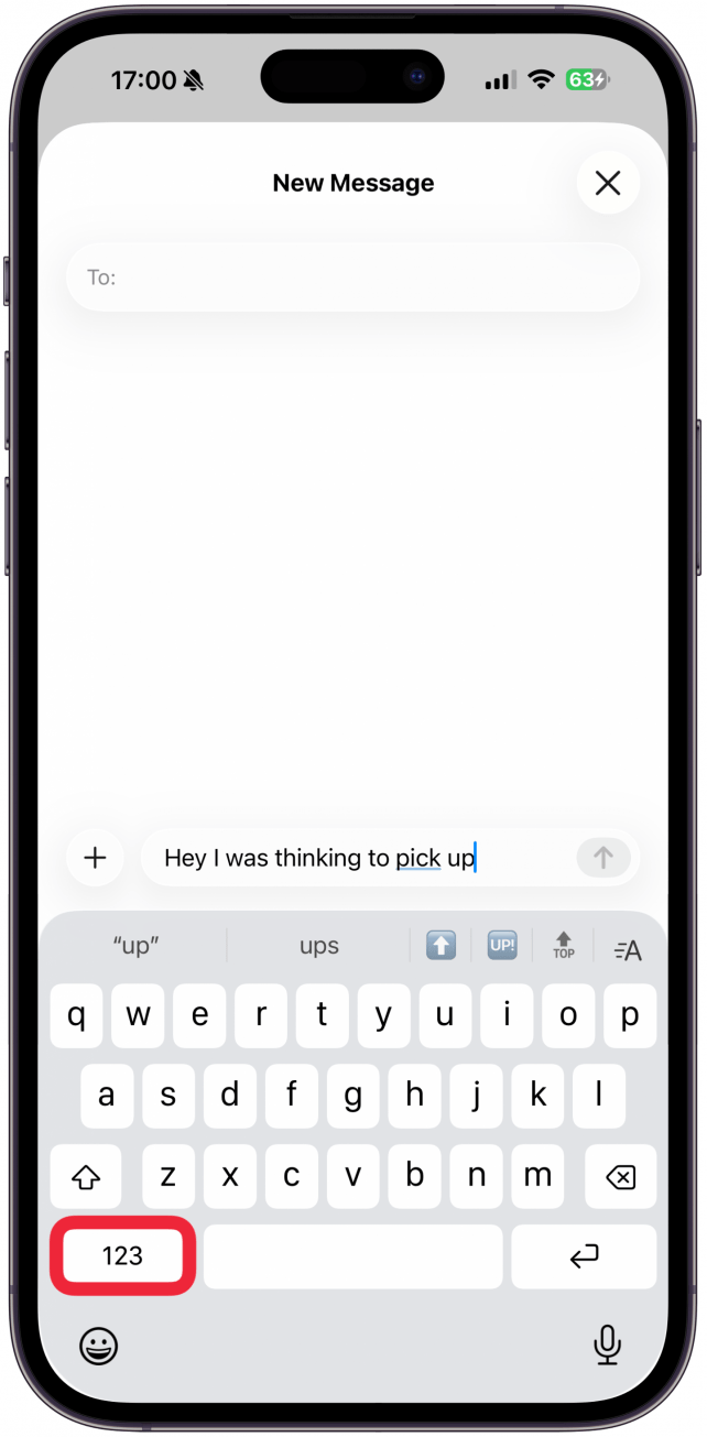 iphone text screen displaying keyboard with 123 button circled in red