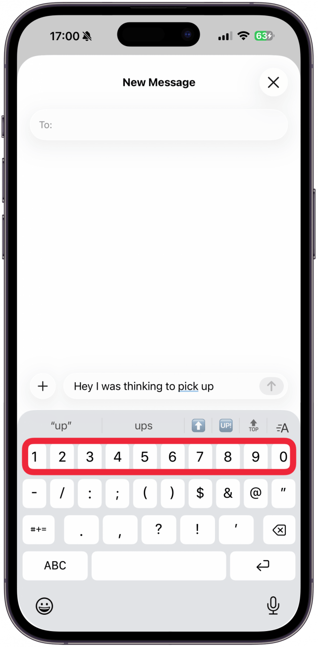 iphone text screen displaying keyboard with number row circled in red