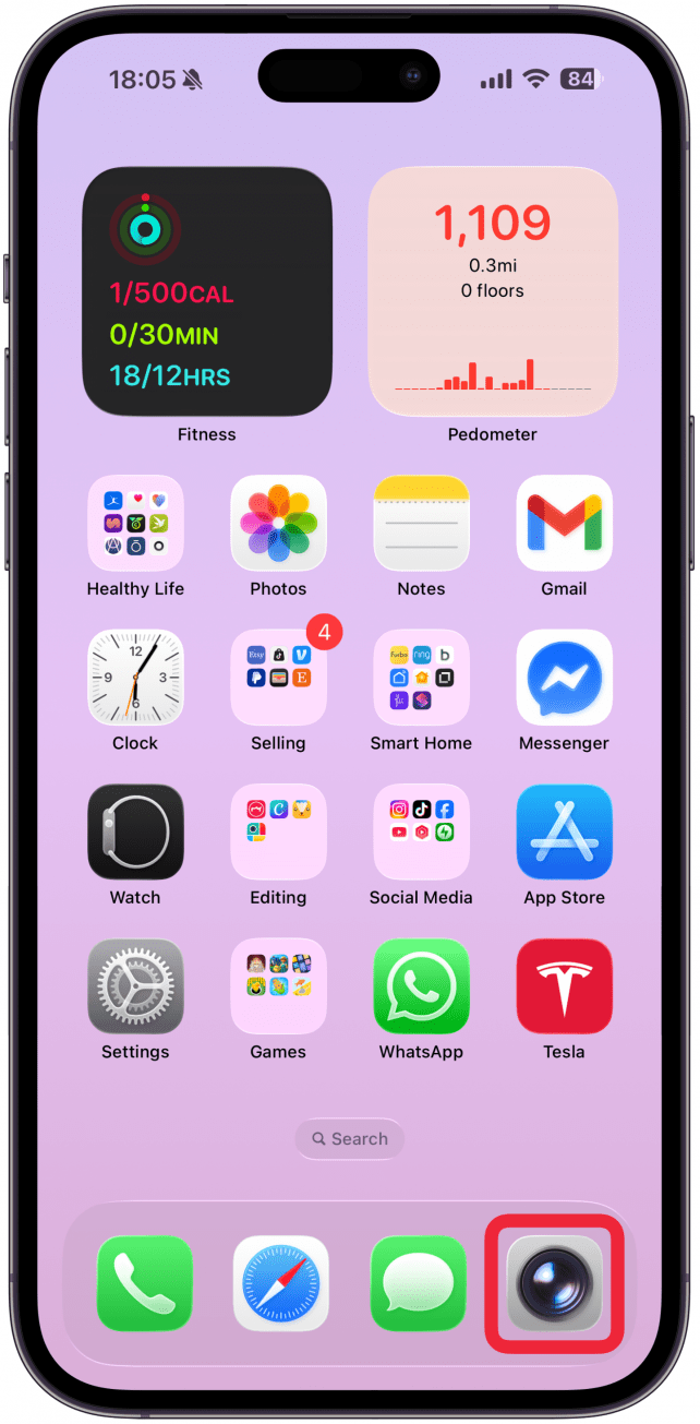 iphone home screen with a red box around camera app