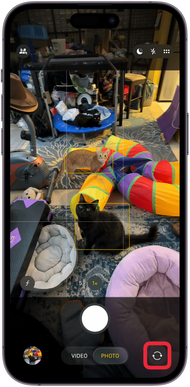 iphone camera app with a red box around camera toggle button