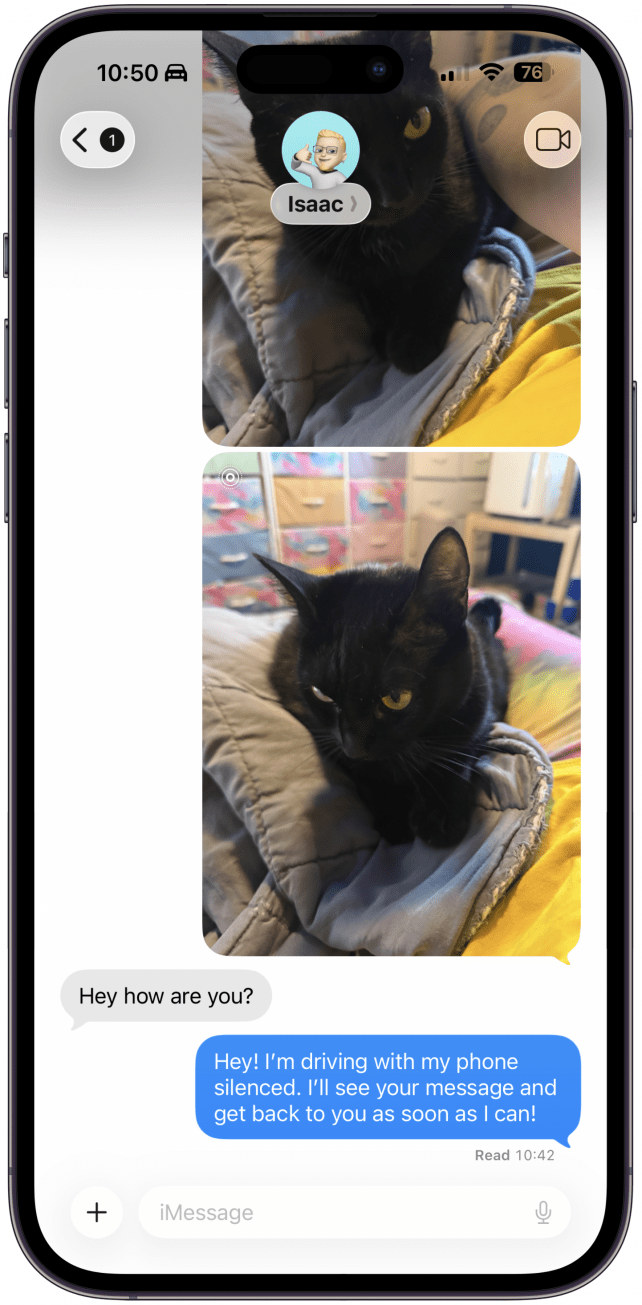 When you receive a text while your Driving Focus mode is on, the auto-response text will be sent like a regular text message. I wish it was more clear that it was as auto-response, but you could make that more obvious in step 5 when you edit the text.