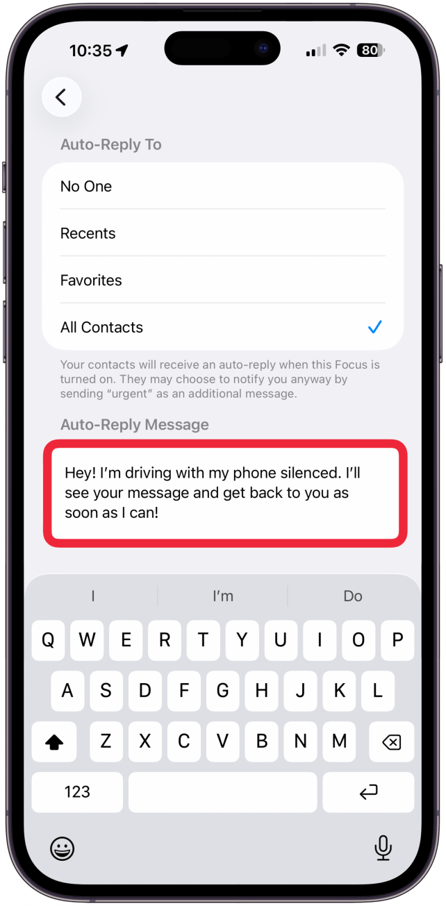 Edit the Auto-Reply Message to say whatever you would like it to say. Your changes will be saved automatically so you can leave the settings however you prefer.