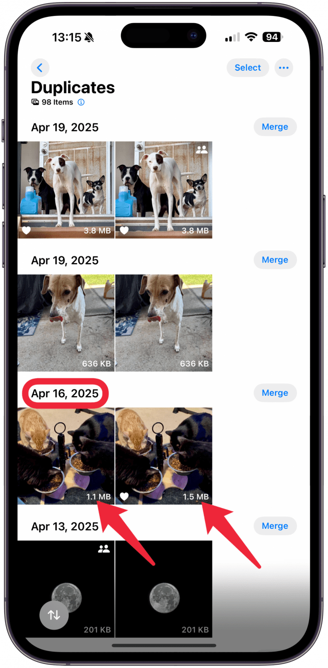 Here you will see a list of duplicate photos, the date you took/saved them, and the size of the image.