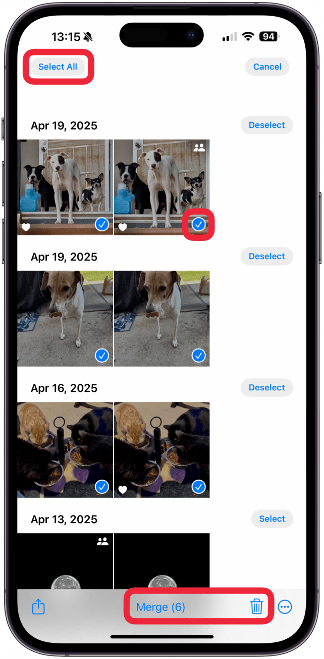 Here, you can either go through and tap the individual photos which you wish to delete so that you have more control over what you are keeping, or you can tap Select All to automatically merge all duplicates. If you tap Merge and confirm that you wish to Merge the duplicates, it will keep the highest quality and relevant data while moving the rest to Recently Deleted. If you do this, you can still access your Recently Deleted photos and move them back to your Photos app within 30 days of deletion, sometimes