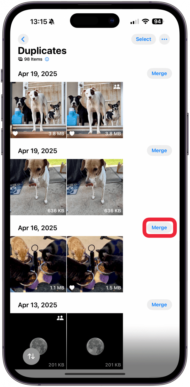 You can also go through individually and tap Merge to manually delete the duplicate.