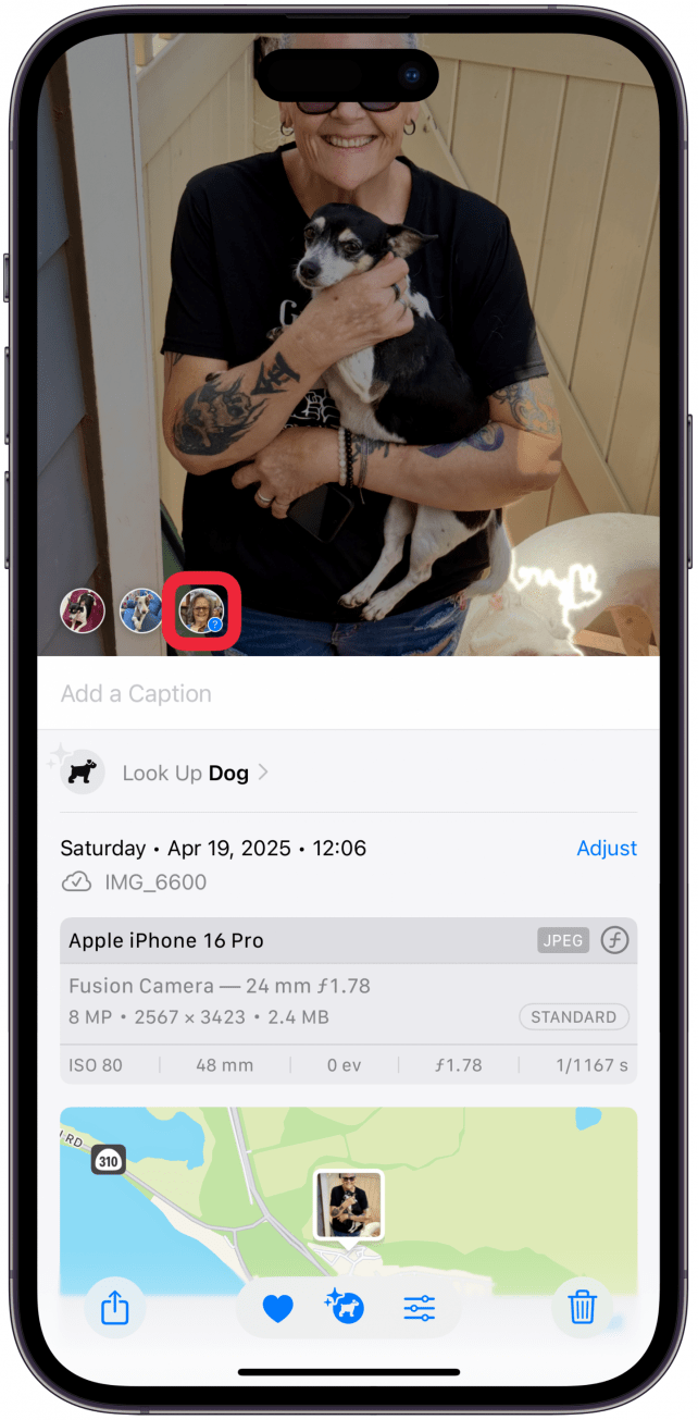 Tap the question-mark icon that appears at the lower-left of the photo. If there are multiple people or pets you will see several icons.