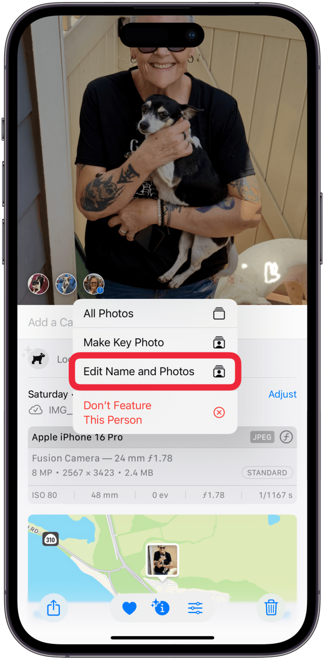 Tap the question-mark icon that appears at the lower-left of the photo. If there are multiple people or pets you will see several icons.