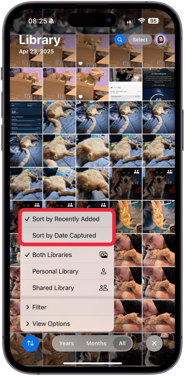 Here you can sort your photos by Recently Added vs Sort by Date Captured. Tap on the option you prefer, the selected one will have a check mark.