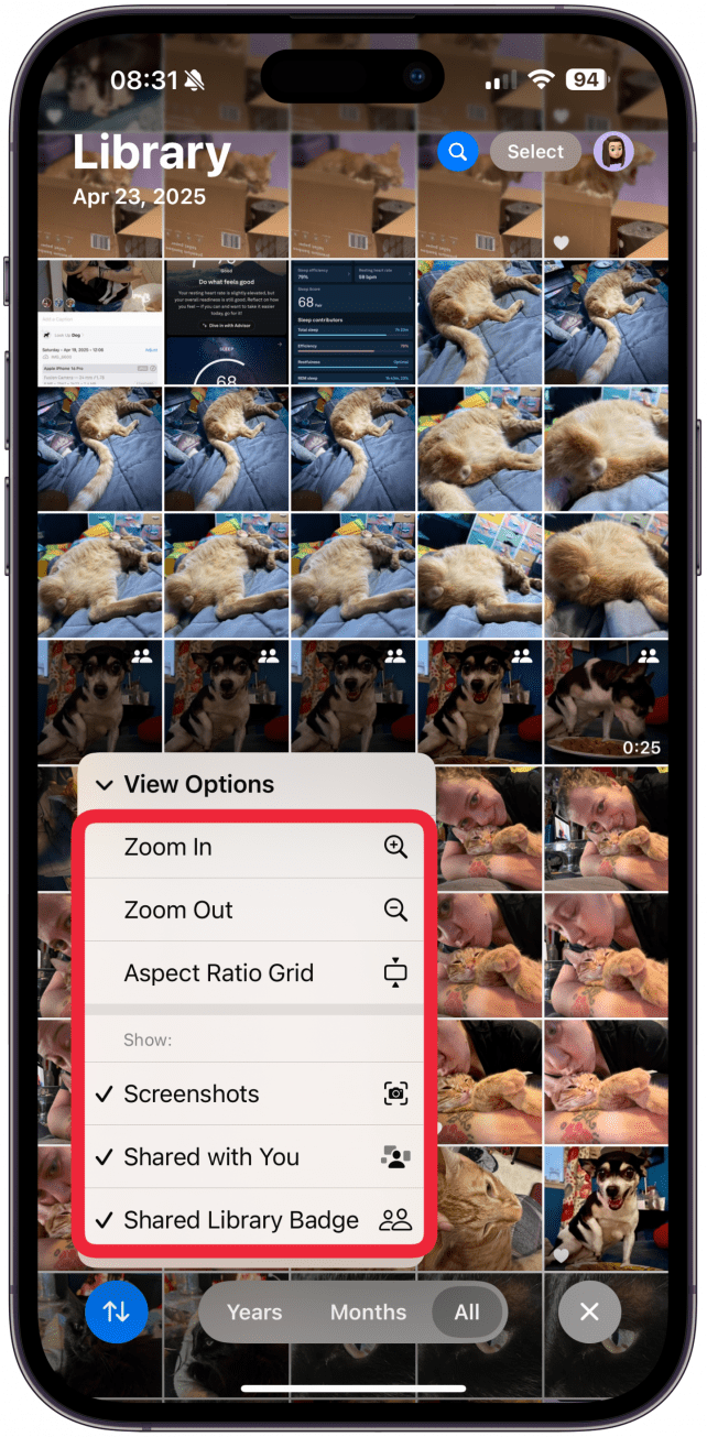 Here you can Zoom In and Zoom Out (which you can also do by pinching your fingers over your Library), or change the Aspect Ratio Grid. Under show, you will see that Screenshots, Shared with You, and Share Library Badge are all checked by default. You can tap on each option if you would rather not have it shown in your Library.