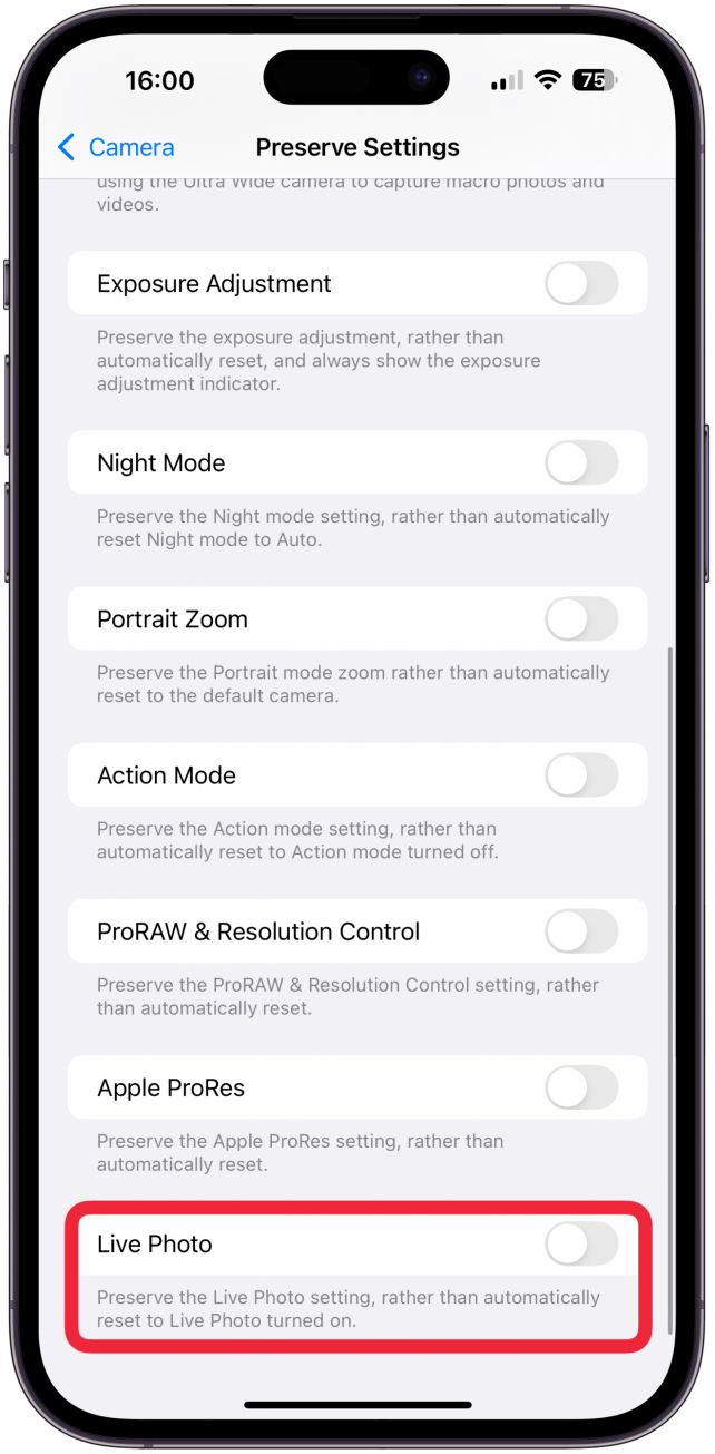 Scroll to the very bottom and tap the toggle to enable preserving your Live Photo settings.