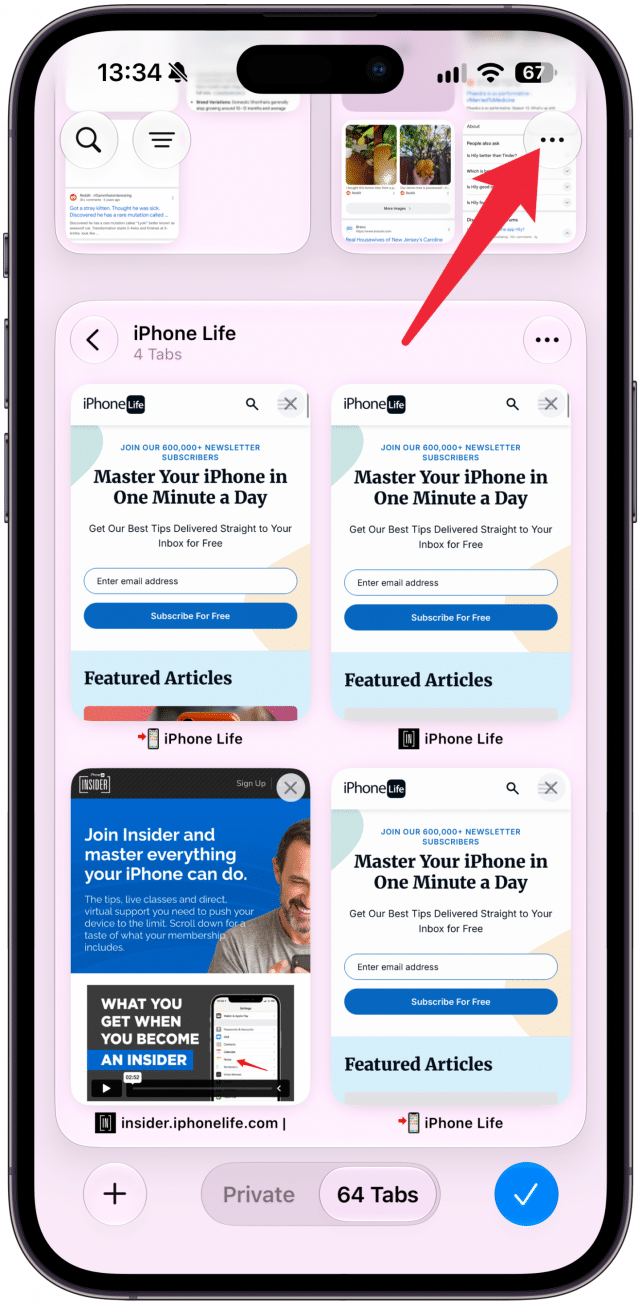 Open Safari and tap the Tabs button. Then, tap the More button, and a menu will pop up.