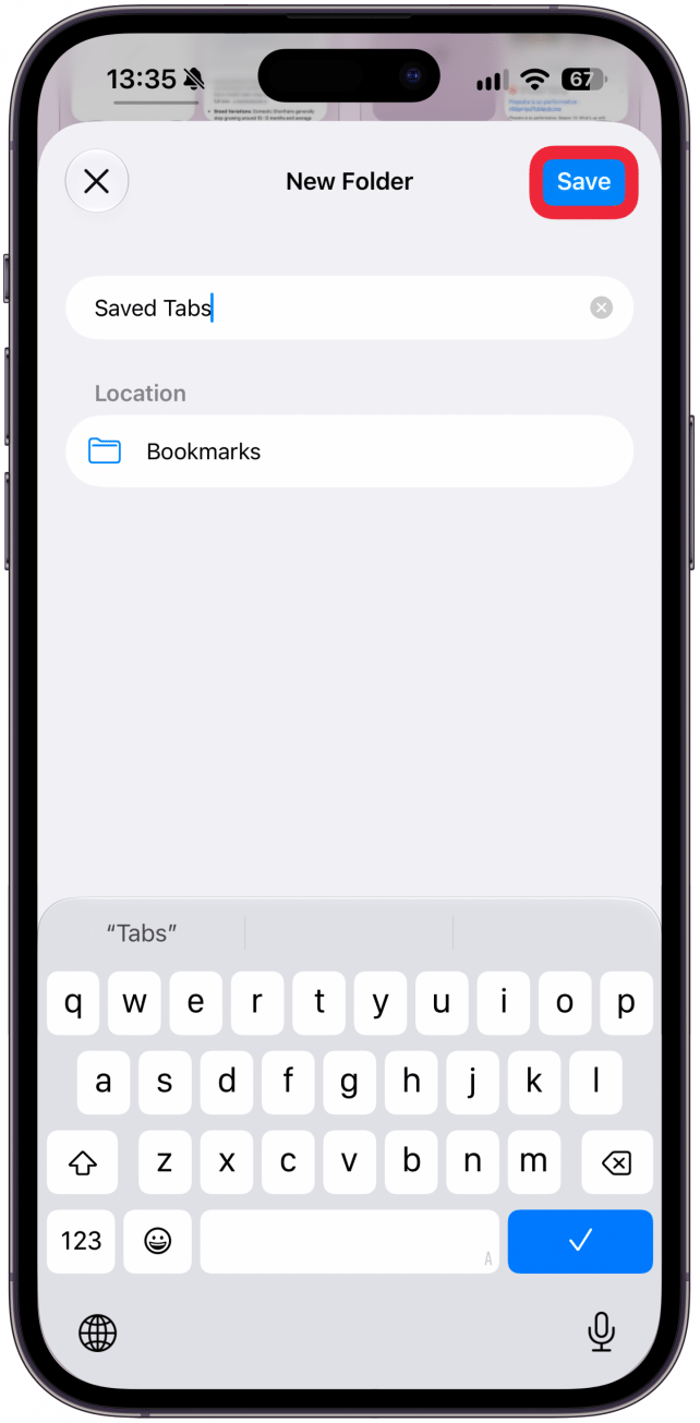 Create a name for the new folder. Tap Save.