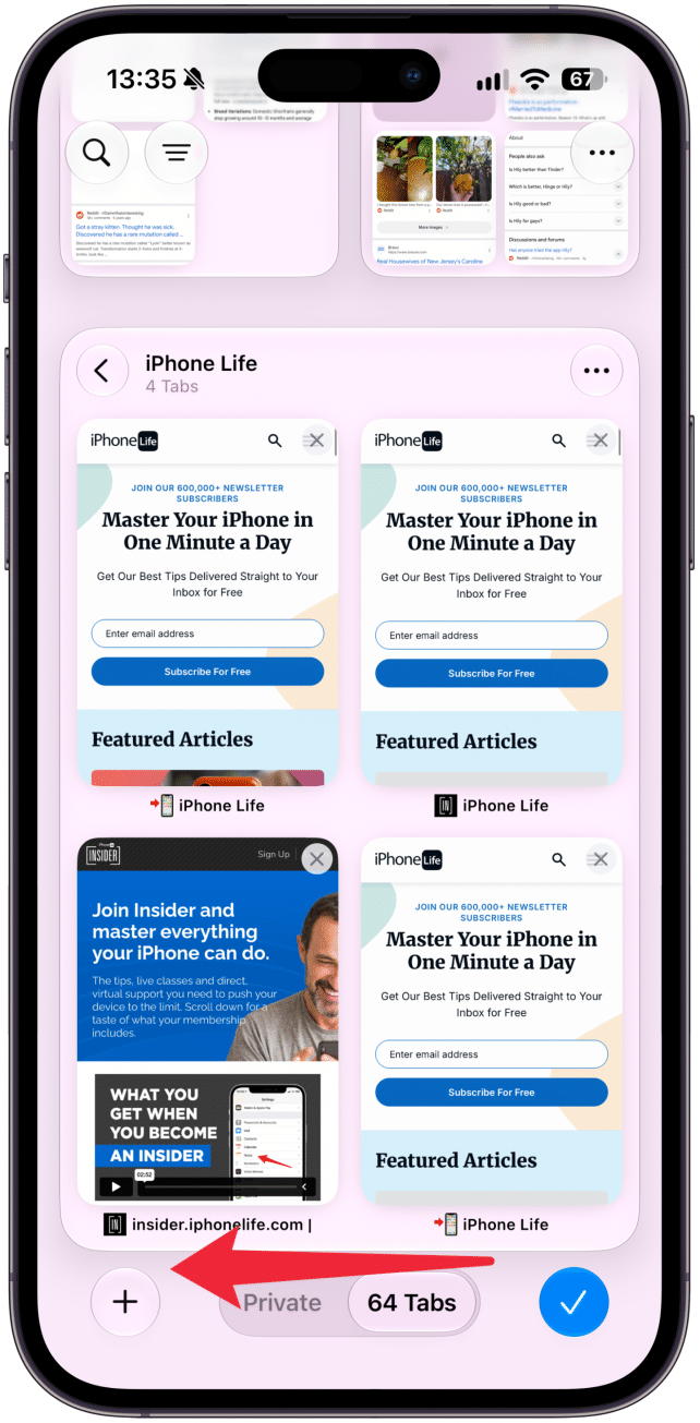 Open Safari, tap the Tabs button, and finally tap the More icon like you've done in the previous steps. Then, swipe to the left on the tab bar at the bottom of the screen.