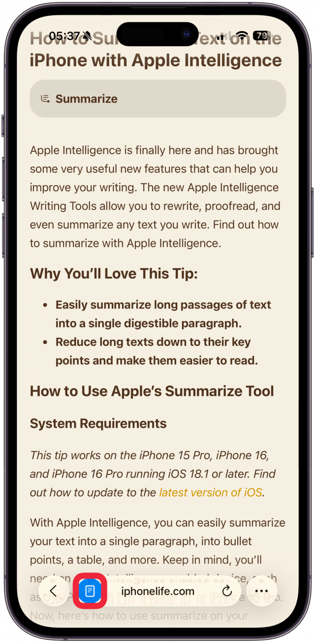The Reader icon will now be blue to show that Reader view is active. Tap the icon again to see more Reader view options.