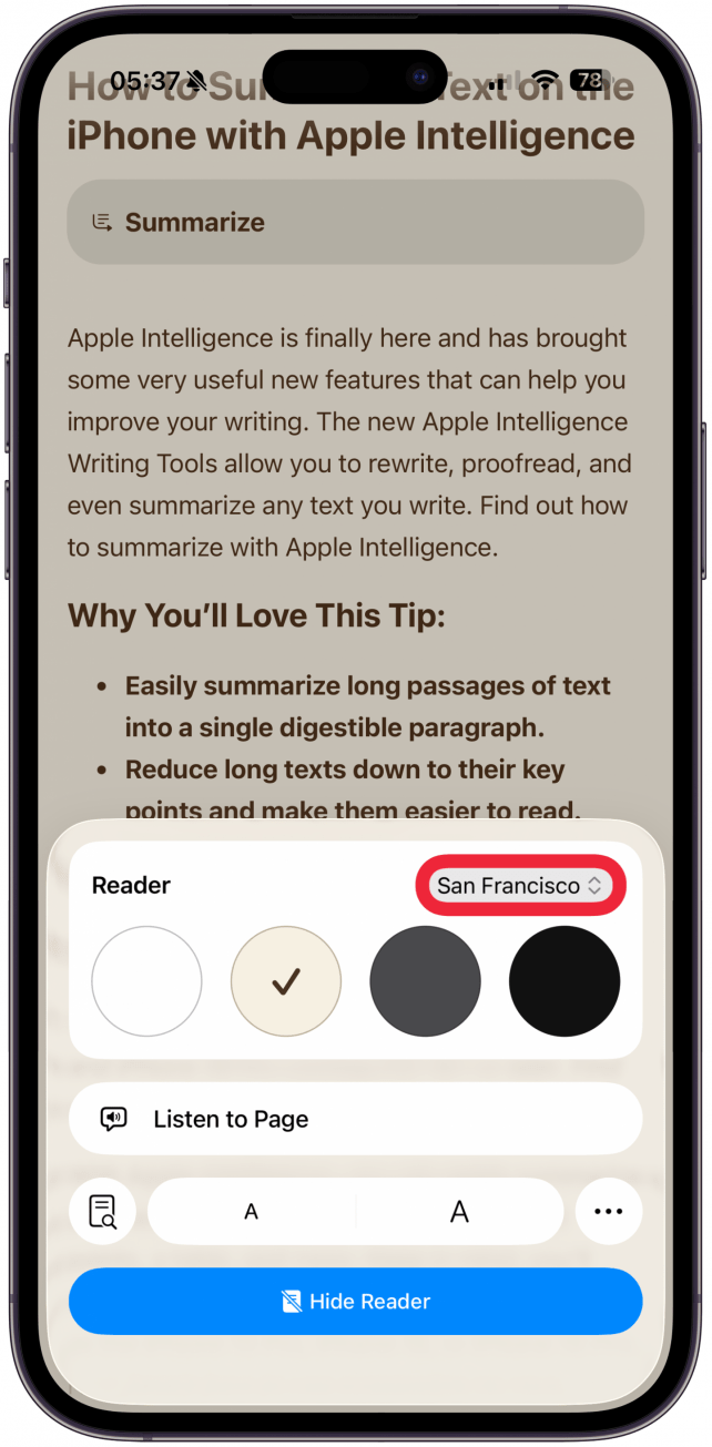 Tap Font to change Reader mode font for easier or more comfortable reading.