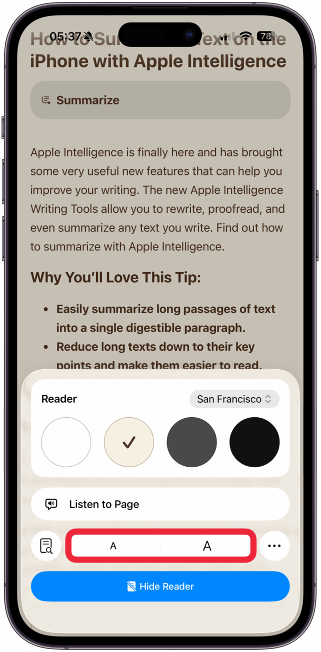 Tap the larger or smaller of the A icons to increase or decrease font size.