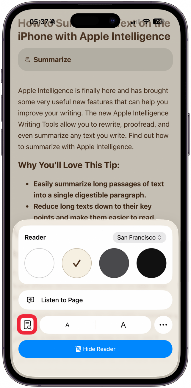 Tap the Search icon to search the page for a specific word or words.
