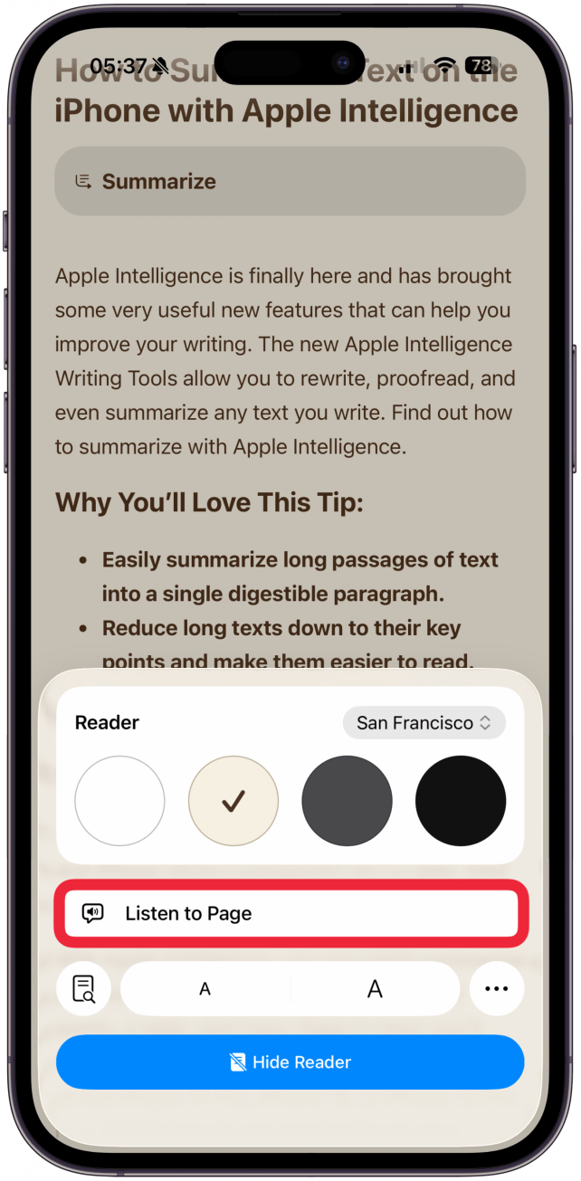 Tap Listen to Page if you want Siri to read the page to you.