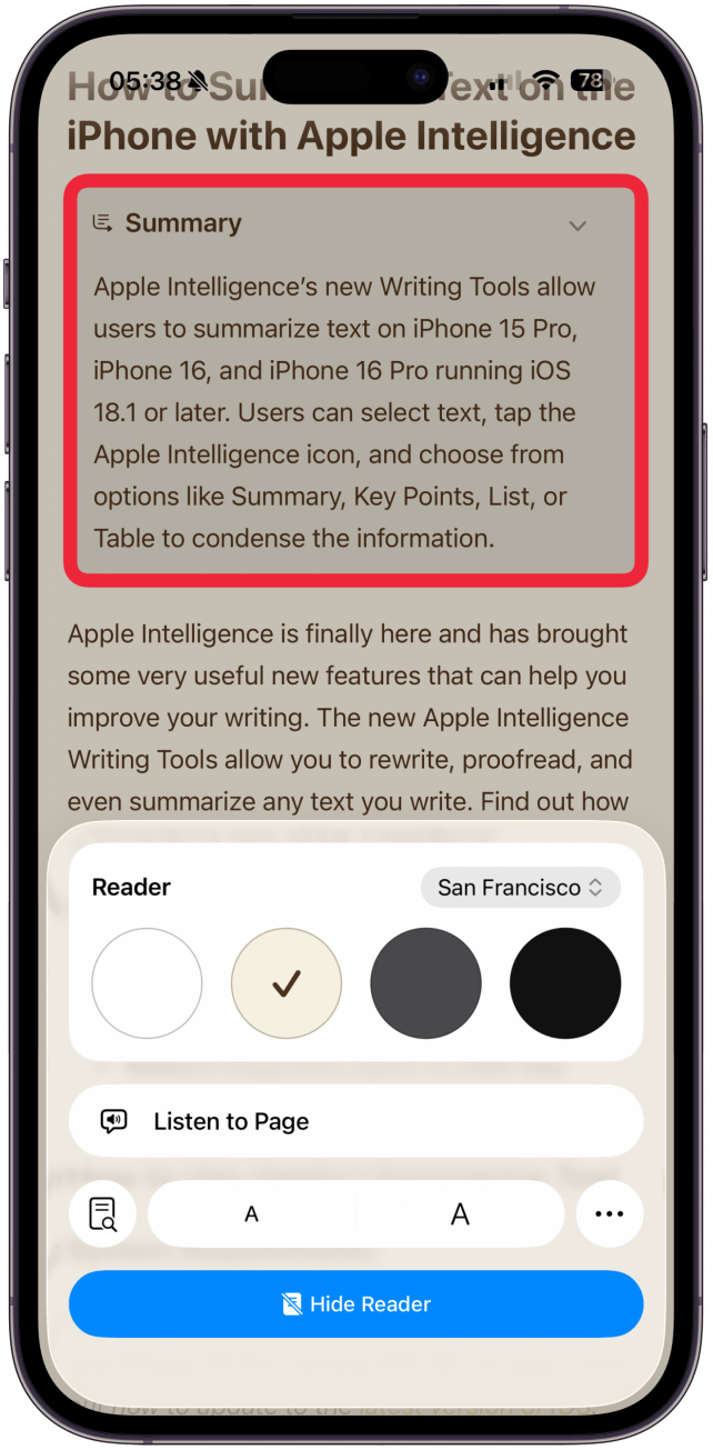 After you tap the icon, Apple Intelligence will provide an AI generated summary of the page.