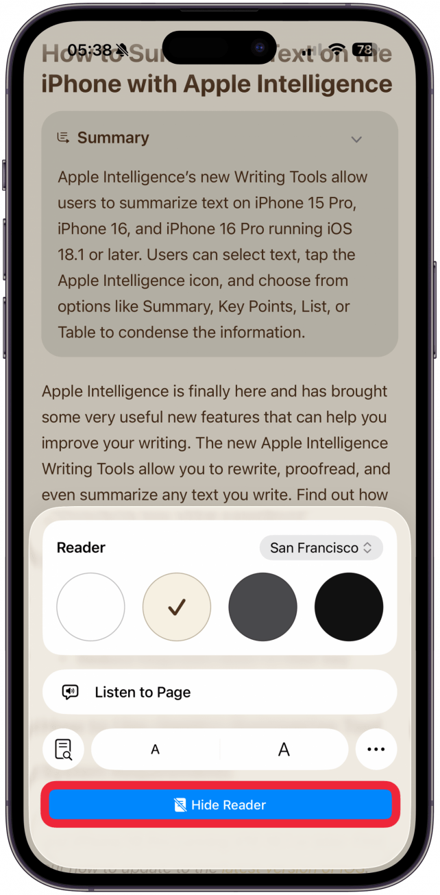 To disable Reader mode, tap the Reader icon again and select Hide Reader.