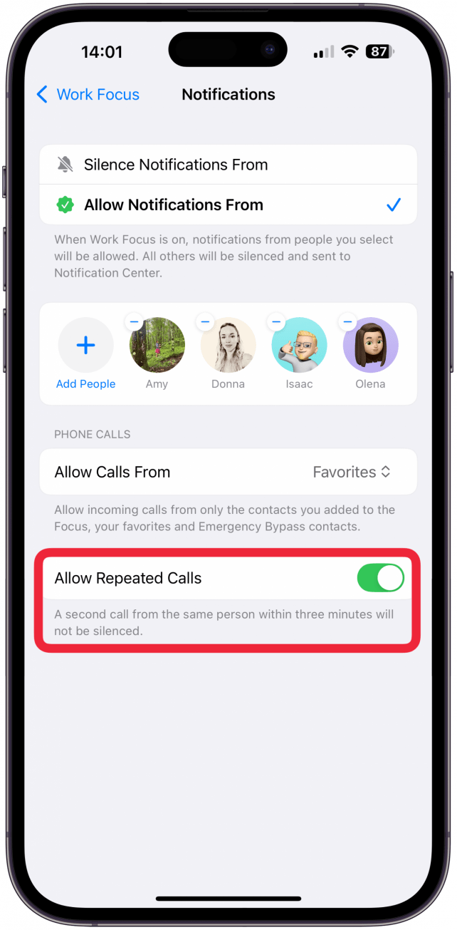 Below that, you can toggle if you wish to Allow Repeated Calls, which means that you won't be notified the first time someone calls, but if they call back again within three minutes, their second call won't be silenced. I recommend toggling this on so that someone can reach you in case of an emergency.