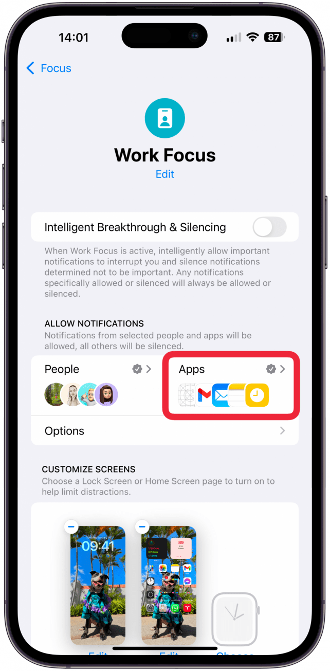 Next, tap Work Focus to return to the Focus customization menu, and select Apps.