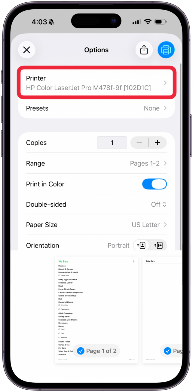 If you've recently used AirPrint, a printer might already be selected. If not, you will have to tap Select Printer and then select the printer you wish to use.