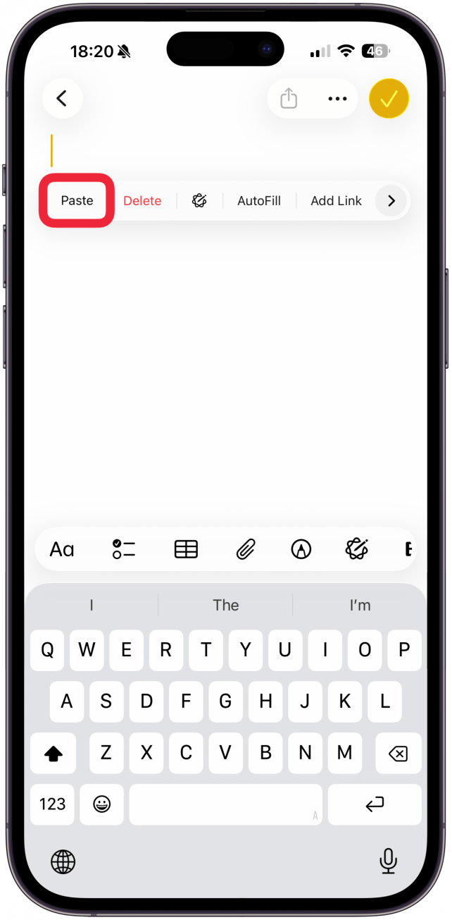 To paste the text, press and hold the space where you would type your text and tap Paste.