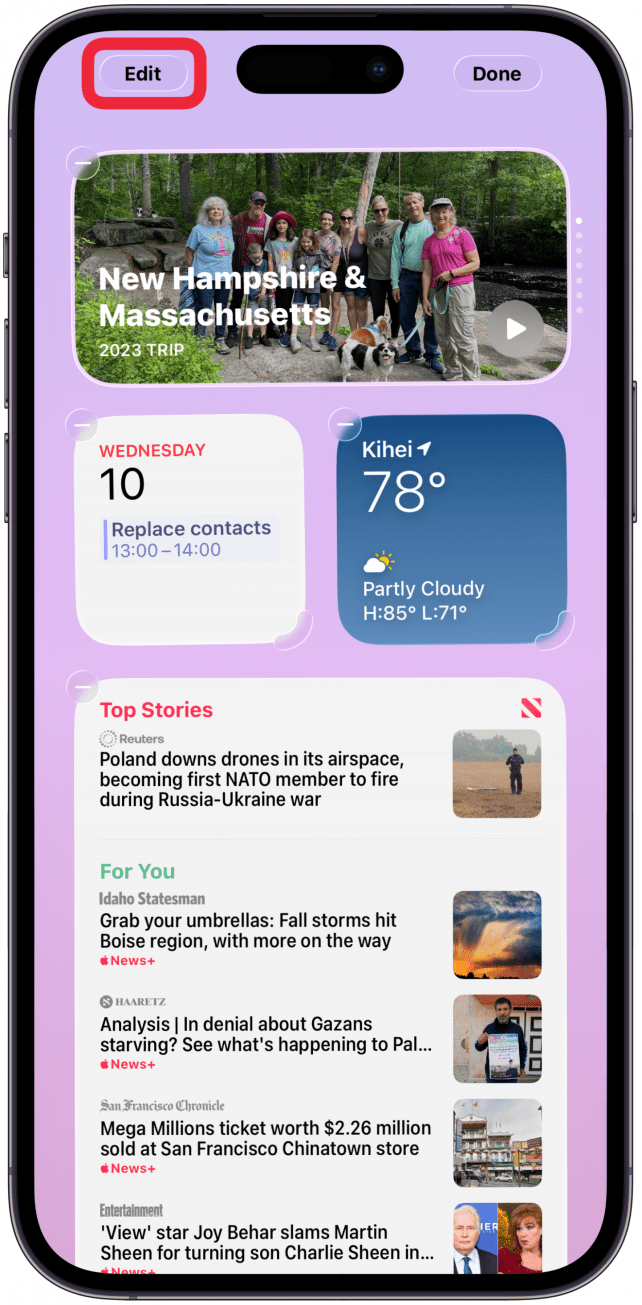 Touch and hold the screen in a blank spot to enter Wiggle mode, then tap Edit to add a widget.