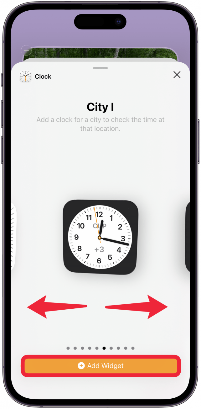 You can swipe left and right to see various options o fthe widget. Tap Add Widget to confirm once you find the one you like.