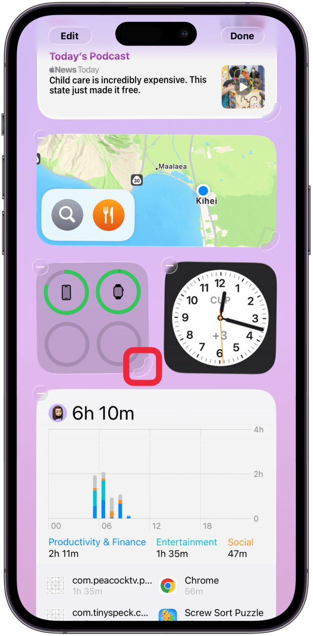 Touch and drag the gray corners on the edge of each widget to expand or contract your Today View widgets. Not all widgets have different size options so if you don't see a grya corner, it cannot be resized.