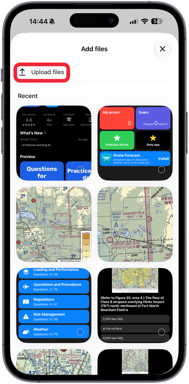 You won't see PDFs under Recents, tap Upload files.