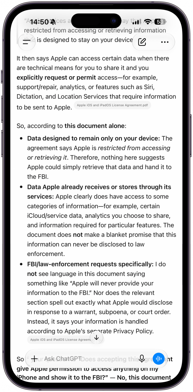 The answer wasn't an explicit yes or no but it did cite the document. ChatGPT also let me know that I can ask more questions that will only pertain to this specific PDF. So you can ask more questions now, or return to this conversation in the future to keep exploring the document. I'll ask one more question to demonstrate. "Can any person working for Apple see the content of my photos?"