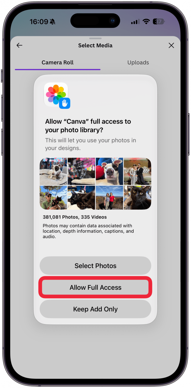 If this is the first time you are uploading images to Canva, you'll have to give the app permissions to access your photos. I prefer to select Allow Full Access so that I don't have to repeat this step in the future.