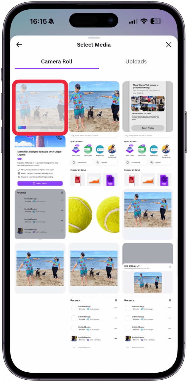 Find the photo you wish to edit under Camera Roll. If you want to avoid scrolling too far, find the image you want to use in advance and duplicate it, which will move the copy to the most recently taken photos. Try to use a photo with obviously separate objects/subjects.